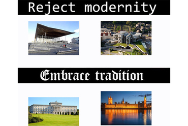 A "modern" és "tradicionális" építészetet szembeállító mém – forrás: Reddit

