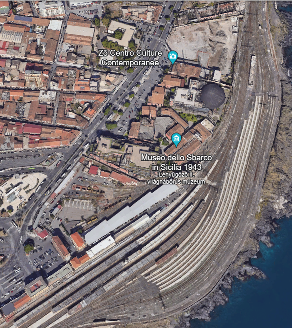 Le Ciminiere területe, bal alsó sarokban a cataniai vasútállomással, Forrás: Google Earth képernyőfotó
