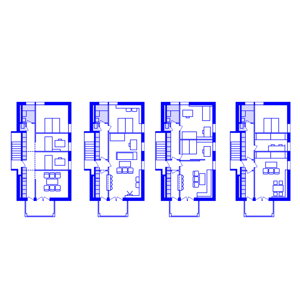 Ungár Péter Szépvölgyi úti házának (1974.) alaprajza, a tervezői verzióival, a funkcionális blokk kijelölésével.
