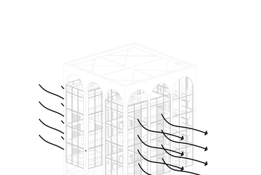 Axonometrikus rajz, az épület szellőztetése.
