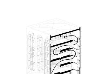 Axonometrikus rajz, az épület szellőztetése.
