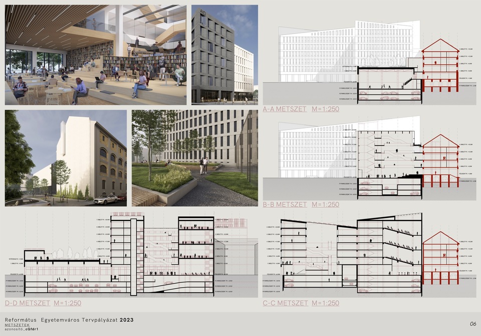 Metszetek. A Károli Gáspár Református Egyetem új épületegyüttese – A DPi Design megvételt nyert terve. 2024.
