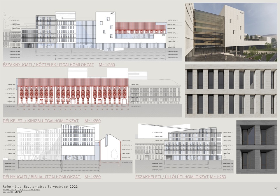 Homlokzatok és utcaképek. A Károli Gáspár Református Egyetem új épületegyüttese – A DPi Design megvételt nyert terve. 2024.
