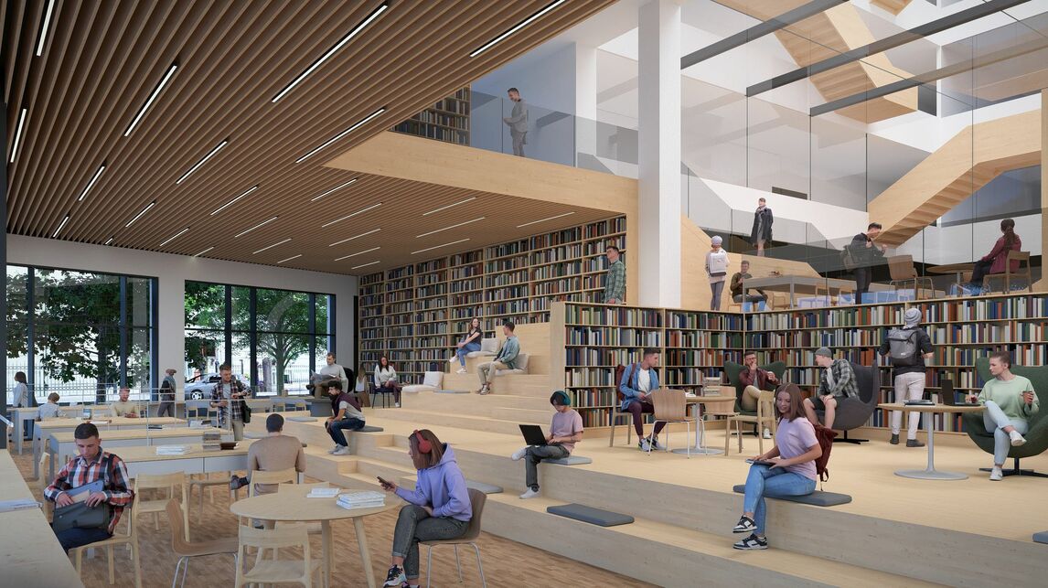 Látványterv. A Károli Gáspár Református Egyetem új épületegyüttese – A DPi Design megvételt nyert terve. 2024.

