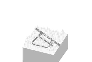 Axonometria – parkoló – építész stúdió: Orty bánya látogatóközpont, Hosín.
