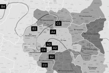 A képekkel bemutatott kilenc kortárs ökonegyed elhelyezkedése Párizs agglomerációjában. / Benkő Melinda
