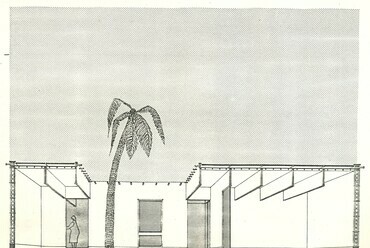 Illusztráció az Észak-Afrikába és a Közel-Keletre tervezett házakról. Párkányi Mihály: Prelimiary Studies for Sample Houses in Hot Arid Tropical Ares, Budapest, 1976. 20. o.
