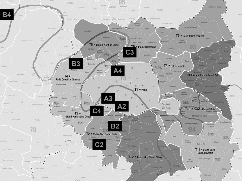 A képekkel bemutatott kilenc kortárs ökonegyed elhelyezkedése Párizs agglomerációjában. / Benkő Melinda
