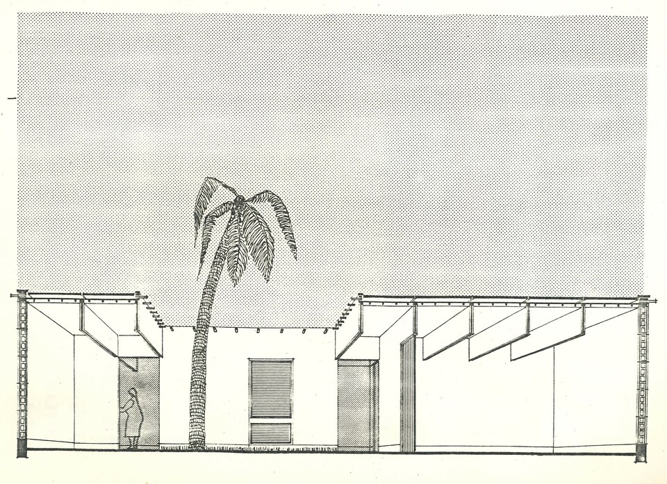 Illusztráció az Észak-Afrikába és a Közel-Keletre tervezett házakról. Párkányi Mihály: Prelimiary Studies for Sample Houses in Hot Arid Tropical Ares, Budapest, 1976. 20. o.
