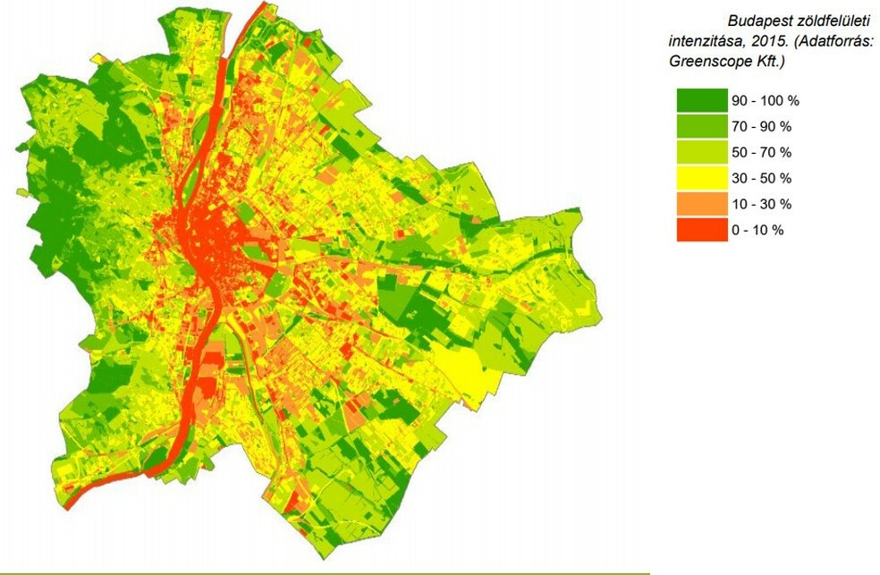 Budapest zöldfelület intenzitása, 2015. 

Forrás: Budapest Környezeti Állapotértékelése 2016  
