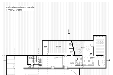 Könyvtár, -1. szinti alaprajz. Petőfi Sándor Kulturális Központ építészeti tervpályázat, az AU.ROOM III. díjas terve, 2024.
