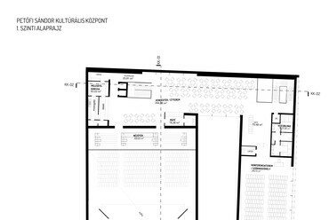 Kulturális központ, 1. emeleti alaprajz. Petőfi Sándor Kulturális Központ építészeti tervpályázat, az AU.ROOM III. díjas terve, 2024.
