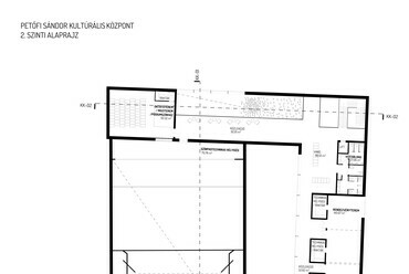 Kulturális központ, 2. emeleti alaprajz. Petőfi Sándor Kulturális Központ építészeti tervpályázat, az AU.ROOM III. díjas terve, 2024.
