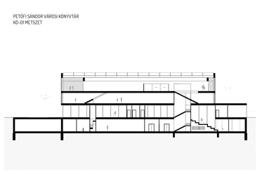 Könyvtár metszete. Petőfi Sándor Kulturális Központ építészeti tervpályázat, az AU.ROOM III. díjas terve, 2024.
