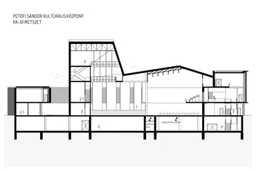 Kulturális központ metszete. Petőfi Sándor Kulturális Központ építészeti tervpályázat, az AU.ROOM III. díjas terve, 2024.
