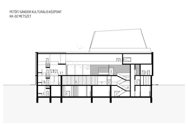 Kulturális központ metszete. Petőfi Sándor Kulturális Központ építészeti tervpályázat, az AU.ROOM III. díjas terve, 2024.
