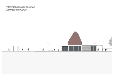 Könyvtár homlokzata. Petőfi Sándor Kulturális Központ építészeti tervpályázat, az AU.ROOM III. díjas terve, 2024.
