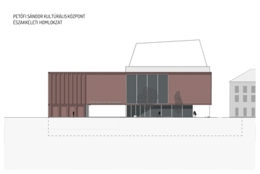 Kulturális központ homlokzata. Petőfi Sándor Kulturális Központ építészeti tervpályázat, az AU.ROOM III. díjas terve, 2024.
