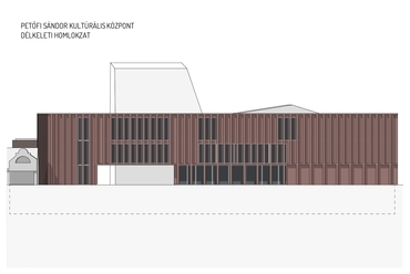 Kulturális központ homlokzata. Petőfi Sándor Kulturális Központ építészeti tervpályázat, az AU.ROOM III. díjas terve, 2024.
