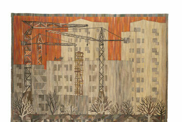 Prepelicza Katalin: Valéria-telepi építkezés (Valéria telep, Építkezés), 1959–1960, szövött, gyapjú, BTM Kiscelli Múzeum – Fővárosi Képtár
