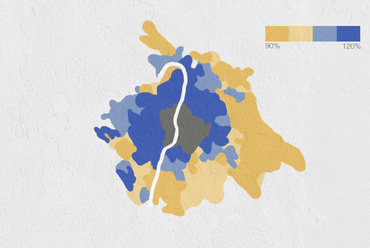 Az ábra egy adófizetőre eső jövetelemet mutatja meg az átlagjövedelem arányában (2022). Sárga: átlagjövedelem 90-100%-a, Kék: átlagjövedelem 100-120%-a. Forrás: A Szerző ábrája a KSH adatok alapján készült vizualizációról.
