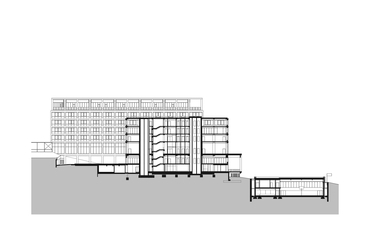 Metszet. Corvinus Gellért Campus, megrendelő: Maecenas Universitatis Corvini Alapítvány. Tervezők: Plant - Atelier Péter Kis Kft. & Lean Tech Mérnökiroda.
