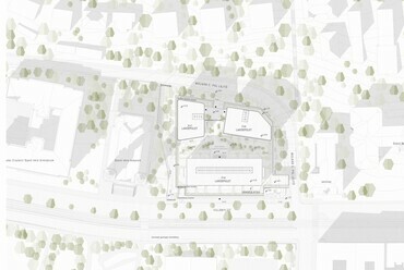 Helyszínrajz. 

A Vikár és Lukács Építész Stúdió I. helyezést elért pályaműve az MSZMP egykori Villányi úti pártépületének átalakítására.
