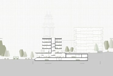 Metszet. 

A Vikár és Lukács Építész Stúdió I. helyezést elért pályaműve az MSZMP egykori Villányi úti pártépületének átalakítására.
