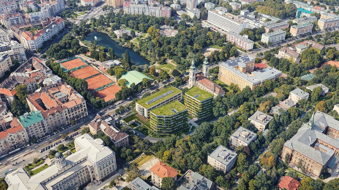 Látvány.
A Vikár és Lukács Építész Stúdió I. helyezést elért pályaműve az MSZMP egykori Villányi úti pártépületének átalakítására.